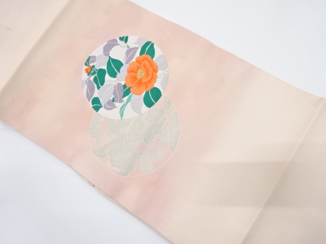 丸に椿模様織り出し　名古屋帯